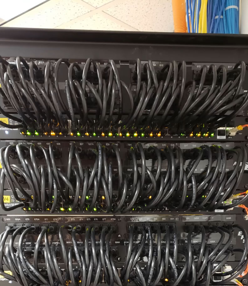 Neat easy to access and read patch panel and network rack cabling in shared workspace